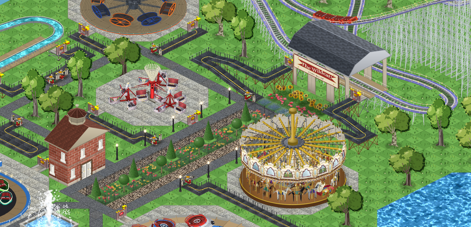 A classic park built in Isometricland — the grand carousel and a wooden coaster behind a tree-lined midway